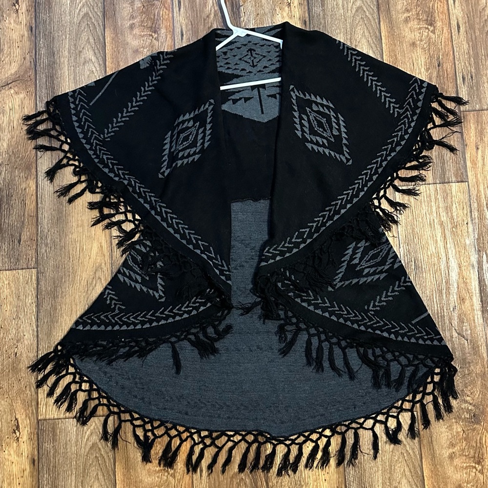 Black Fringe poncho vest w/ bold geometric/tribal design